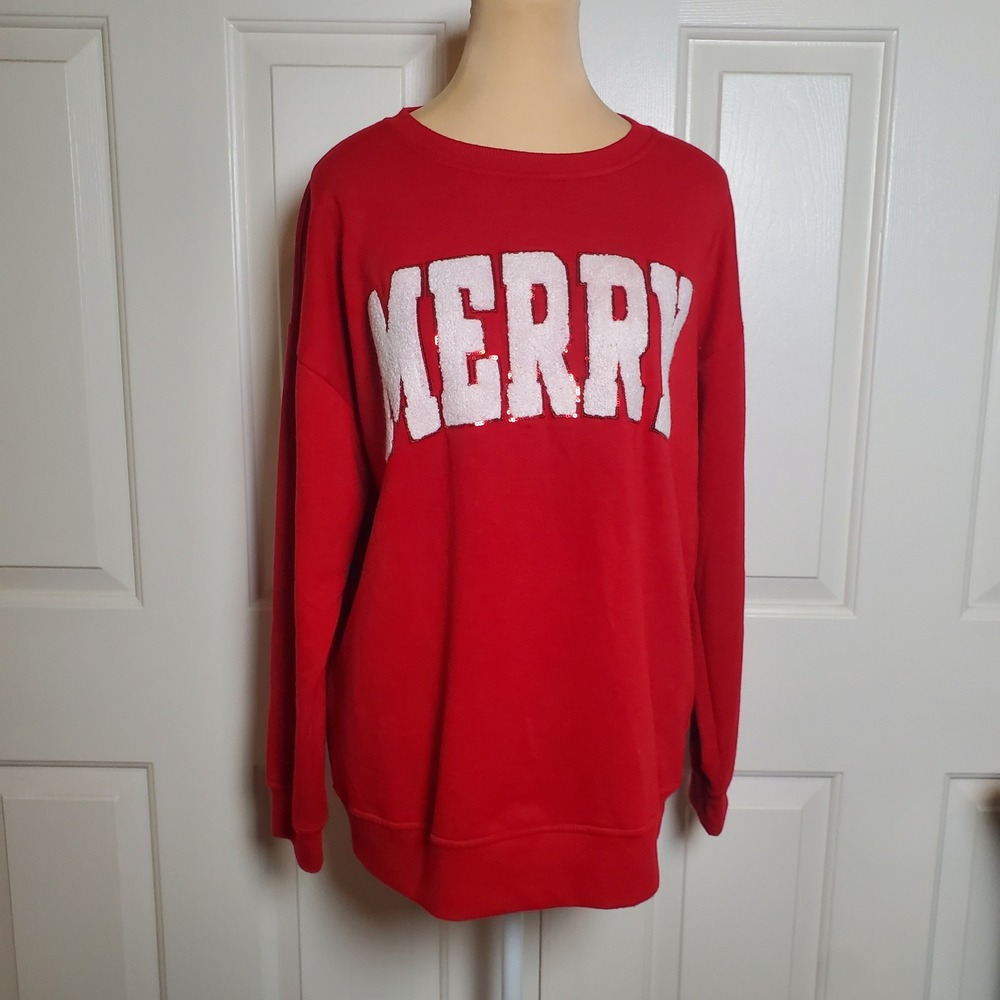 Workshop Republic Clothing Merry Sequin Holiday Sweatshirt Red Medium